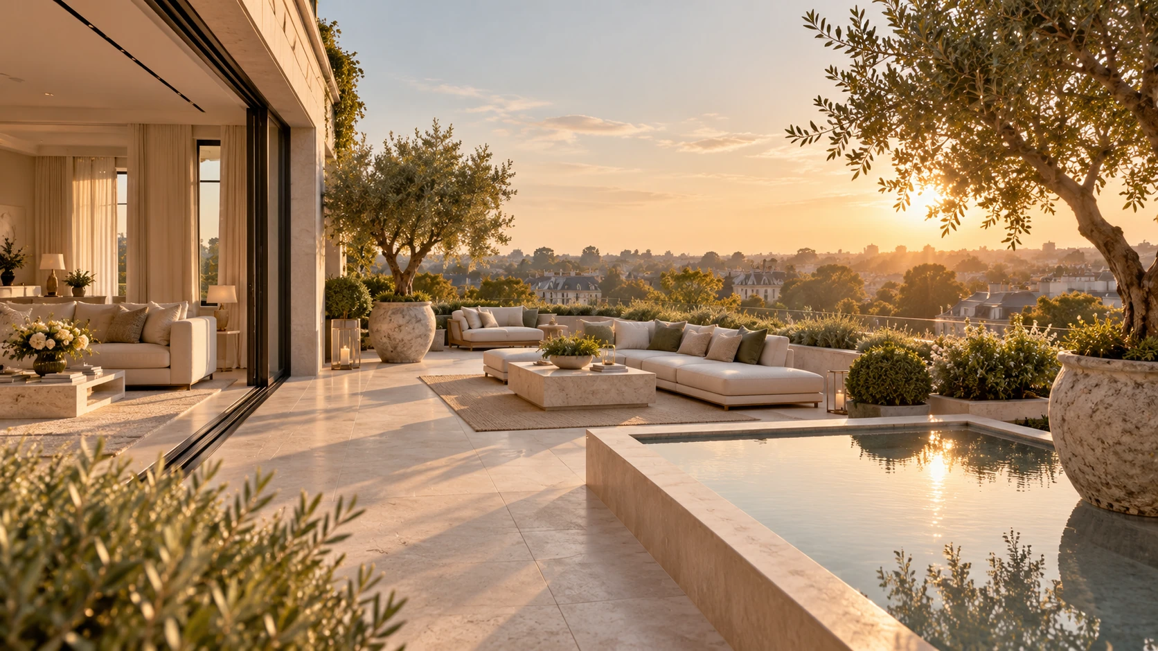 Terras van een penthouse met een dompelbad en uitzicht over de stad