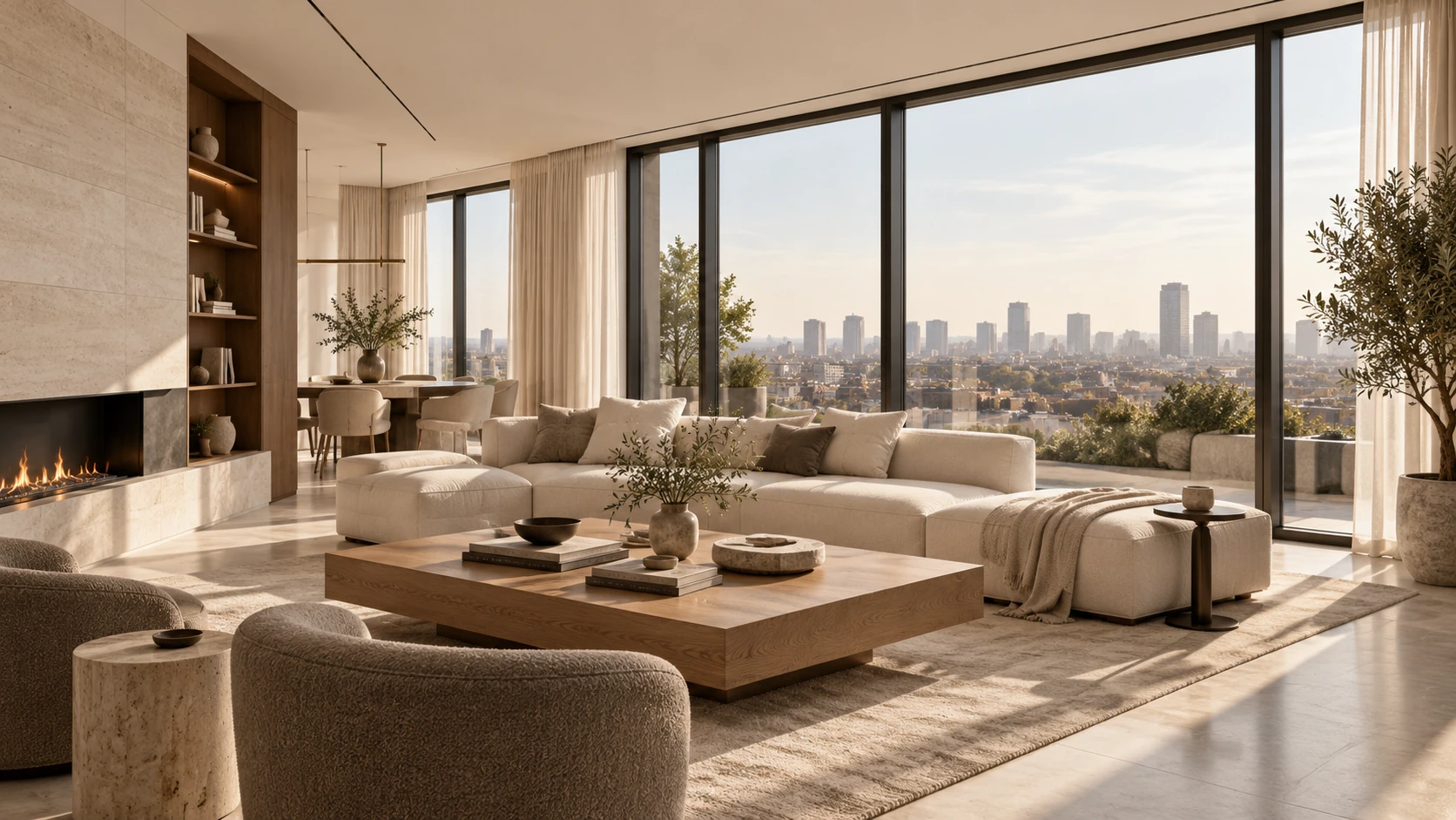 Lichte woonkamer van een penthouse met uitzicht over de stad