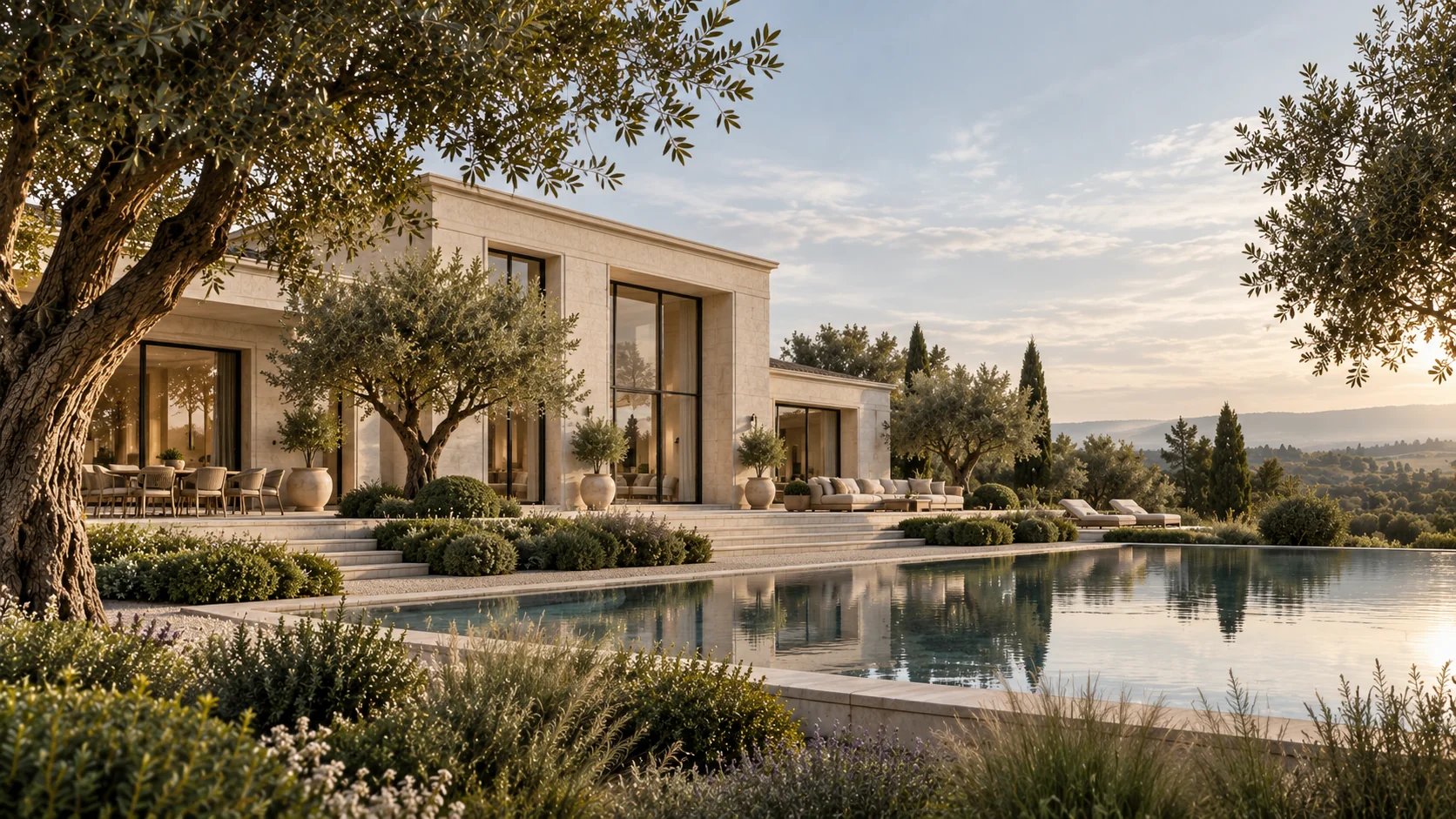Moderne natuurstenen villa met een spiegelvijver