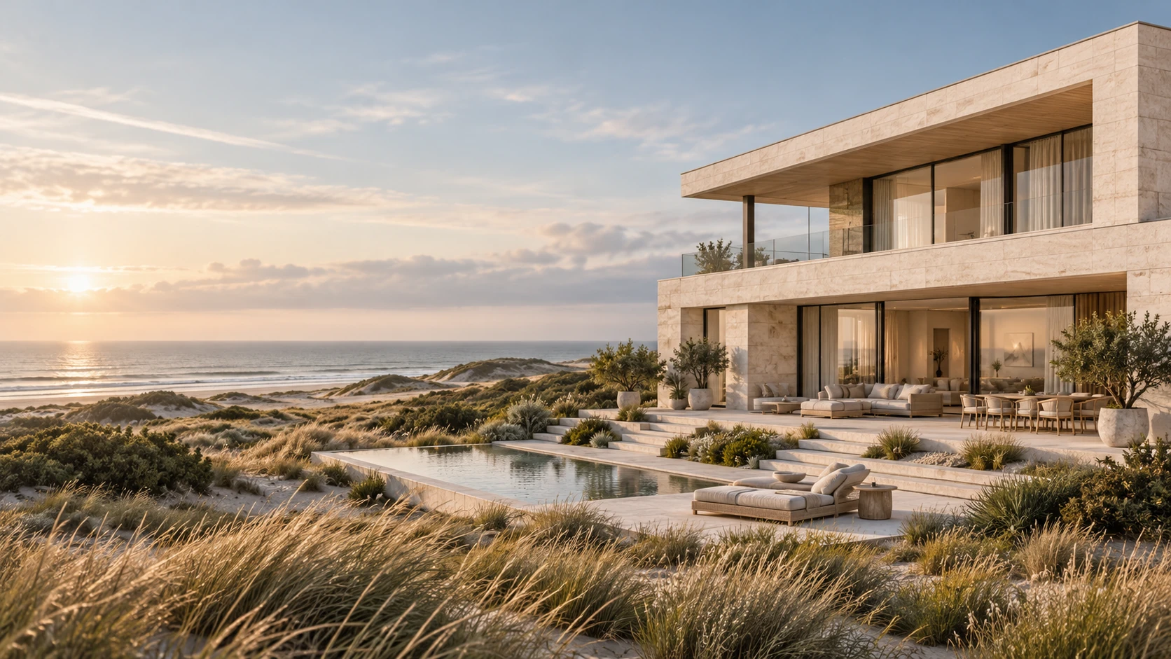 Moderne villa met zwembad aan de rand van de duinen bij zonsondergang