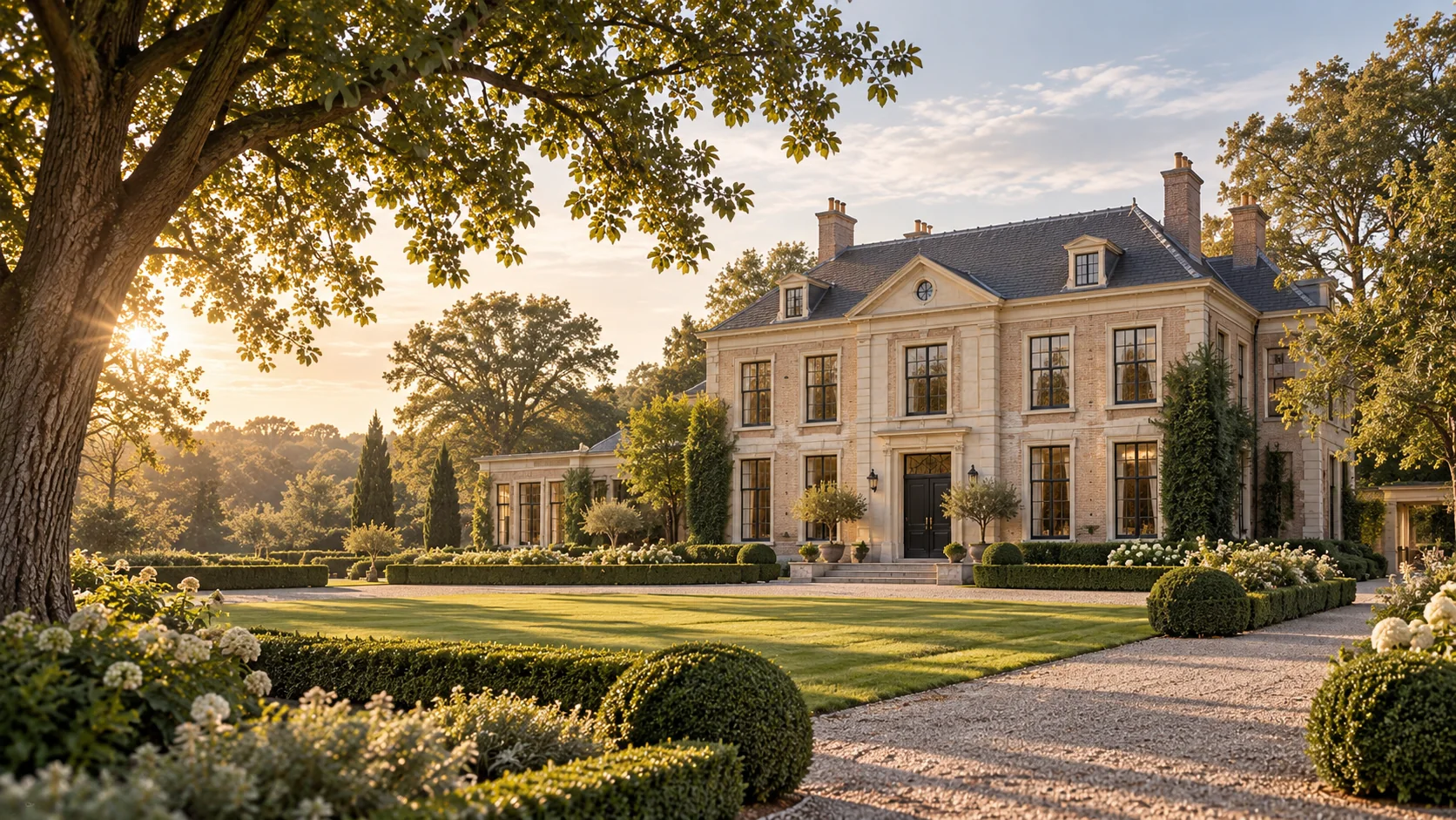 Klassiek landhuis met een formele tuin in zacht avondlicht